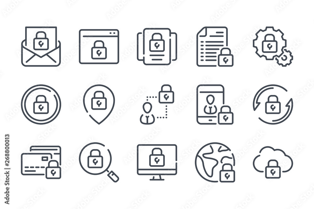Poster data protection related line icon set. cybersecurity vector linear icons.