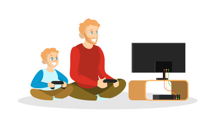 Father and son playing video games. Dad and child
