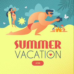 Summer Vacation. Photograthing Man on the Beach, Surfing Girl and Children, Creating Sandcastle.