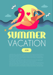 Fototapeta premium Summer Vacation. Girl on Flamingo Swimming Circle in Vintage Style. Swimming and Sunbathing.