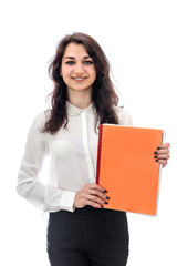 Woman holding different folders isolated on white