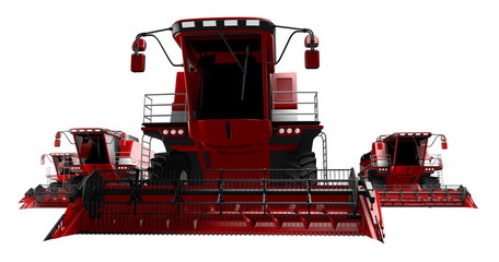 industrial 3D illustration of a lot of red farm agricultural combine harvesters isolated on white background - agricultural machine