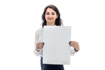 Fototapeta premium Woman with sheet of paper isolated on white