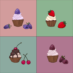 Set of tasty delicious cupcakes with berries in modern design vector illustration