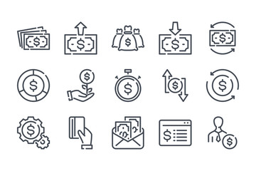 Money and payment related line icon set. Funds and savings vector icon collection. Income and profit linear icons.