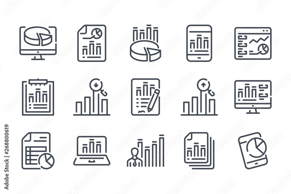 Poster statistics related line icon set. data report vector linear icons.