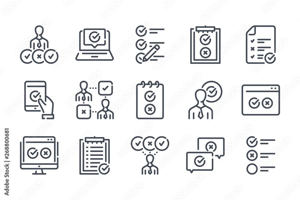 Poster survey related line icon set. checklist vector linear icon collection. quiz and feedback report outl