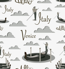 Venice gondola and gondolier in shades of gray. Seamless pattern. Invitation to travel to Italy. Italian male profession. Design elements for the background of the site, tourist poster, textiles. - obrazy, fototapety, plakaty