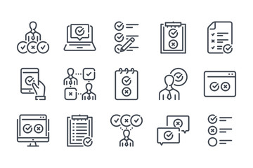 Survey related line icon set. Checklist vector linear icon collection. Quiz and feedback report outline icons.