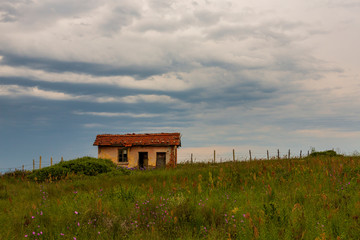 old destroyed and abandoned house on the beach. half-destroyed house overgrown with grass against...