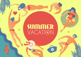 Summer Vacation. People, Beach and Sea in Retro Style. Top View. Swimming and Sunbathing.