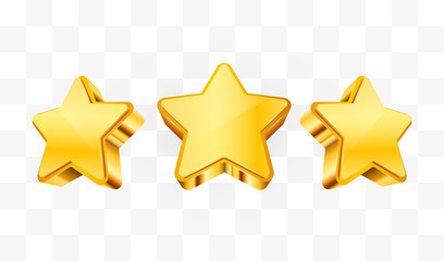 Three golden stars. Template for mobile game. Achievement concept.