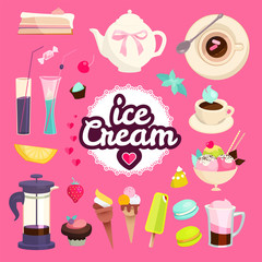 Sweets Cafe Elment Set. Sweets, Pastry, Coffee and Ice Cream Cute Design.