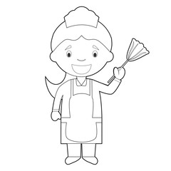 Easy coloring cartoon vector illustration of a maid or cleaning girl.