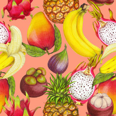 Seamless tropical pattern of hand drawn fresh juicy fruits