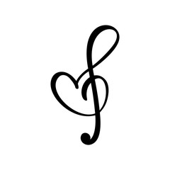 Hand drawn Love Music vector Logo treble clef and heart. Isolated on the white background