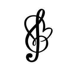 Obraz premium Music key and heart abstract hand drawn vector logo and icon. Musical theme flat design template. Isolated on the white background