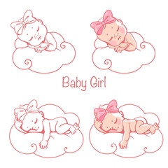 Newborn baby girls sleeping on white cloud.