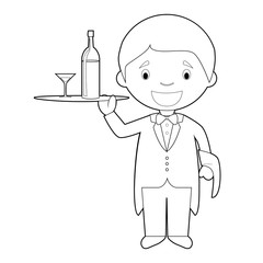 Easy coloring cartoon vector illustration of a waiter.
