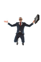 excited businessman with briefcase smiling and jumping isolated on white