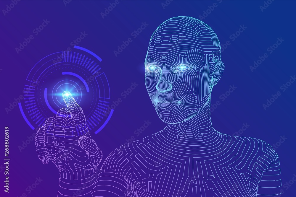 Poster wireframed female cyborg touching digital graph interface. ai. artificial intelligence concept. robo