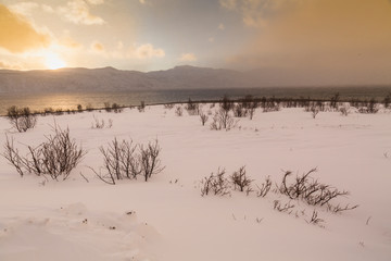 Naklejka premium Sunset at the lakeside with rocks of a fjord during low tide in a snowy winter landscape.
