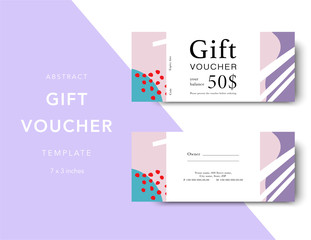 Gift voucher card template. Modern discount coupon for shopping with abstract pattern. Modern fashion background design with information sample text. Coupon template for gift and shopping.