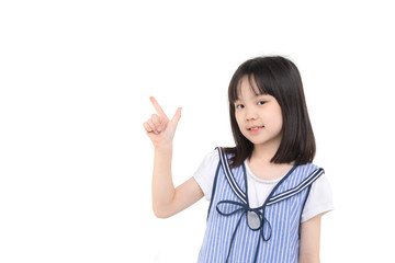 Asian girl standing and point her finger..