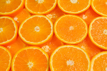 Slices of oranges as a background, top view.