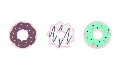 Vector set of donuts icons with colored glaze. Set of american sweet dessert. Sweet donut in flat style.
