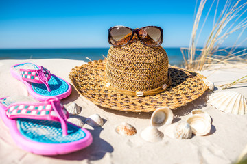 Beach accessories, summer vacation background, Baltic Sea with blue sky, Poland