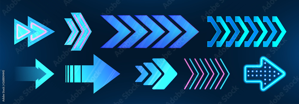 Poster colorful set of vector arrows. arrow icon, symbol. futuristic design arrows. colorful collection sym