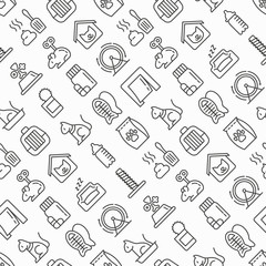 Cat shop seamless pattern with thin line icons: bags for transportation, hygiene, collars, doors, toys, feeders, scratchers, litter, shack, training. Modern vector illustration.
