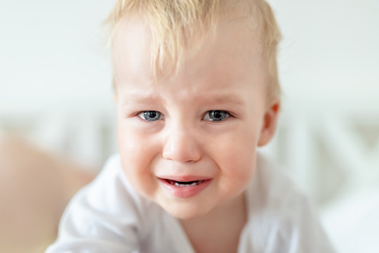 Cute caucasian blond toddler boy portrait crying at home during hysterics. Little child feeling sad. Little actor acting sadness emotions demanding something