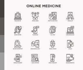 Online medicine, telemedicine thin line icons set: pill timer, ambulance online, medical drone, medical tracker, mHealth, messenger, check symptoms, mobile consultant. Modern vector illustration.