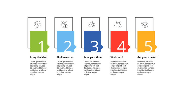 Business process chart infographics with 5 step circles. Circular corporate workflow graphic elements. Company flowchart presentation slide template. Vector info graphic design.