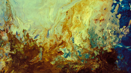 Abstract art texture background. Rusty fluid over sparkling blue polish surface. Bronze paint with...