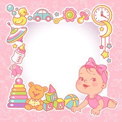 Fototapeta premium Baby shower design template. Baby girl with toy frame.