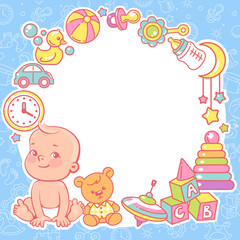 Baby shower design template. Baby boy with toy frame.