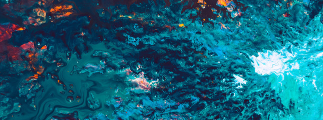 Abstract acrylic oil gouache paint background. Blue teal color mix texture. Layer coat art technique. Celestial body surface.