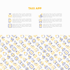 Fototapeta na wymiar Taxi app concept with thin line icons: payment method, promocode, app settings, info, phone number, pointer, route, destination, airport transfer, baby seat. Vector illustration for print media.