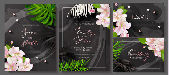 Wedding invitation cards with marble texture,beads, tropical flowers and plants.Vector illustration.