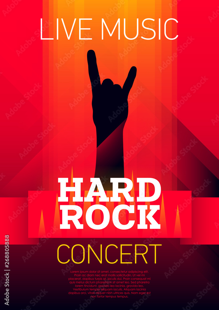 Poster vertical hard rock background with red abstract elements and hand of rocker.