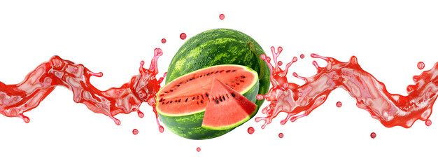 Fototapety  Fresh ripe watermelon with watermelon slice and juice or smoothie swirl splashes. Tasty juice splash, watermelon blended smoothie isolated. Liquid healthy food, drink fruit design. 3D