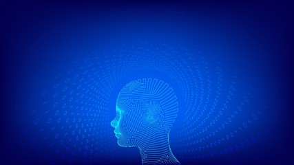 Obraz premium AI. Artificial intelligence concept. Ai digital brain. Abstract digital human face. Human head in robot digital computer interpretation. Robotics concept. Wireframe head concept. Vector illustration.