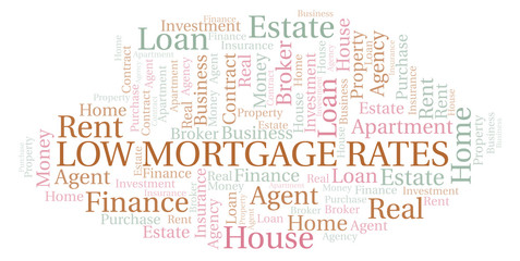 Low Mortgage Rates word cloud. Wordcloud made with text only.