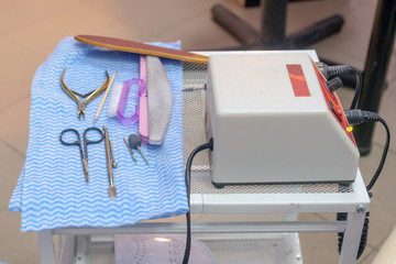 Manicure and pedicure tools in the salon