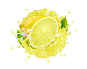 Fresh ripe lemon fruit slice and lemon juice or lemonade splash swirl. Juice splashing, lemon juice label. Liquid healthy detox juice or smoothie drink tropical citrus fruit design. 3D