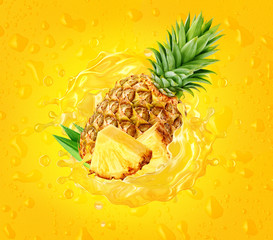 Fresh ripe pineapple and pineapple juice splash wave on drops background. Healthy food or tropical juicy pineapple fruit juice tasty smoothie splash isolated. Healthy juice drink, 3D