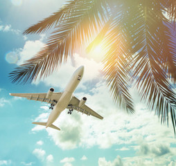 plane and Summer palm trees against blue sky clouds and sun background, happy holiday and tropical...